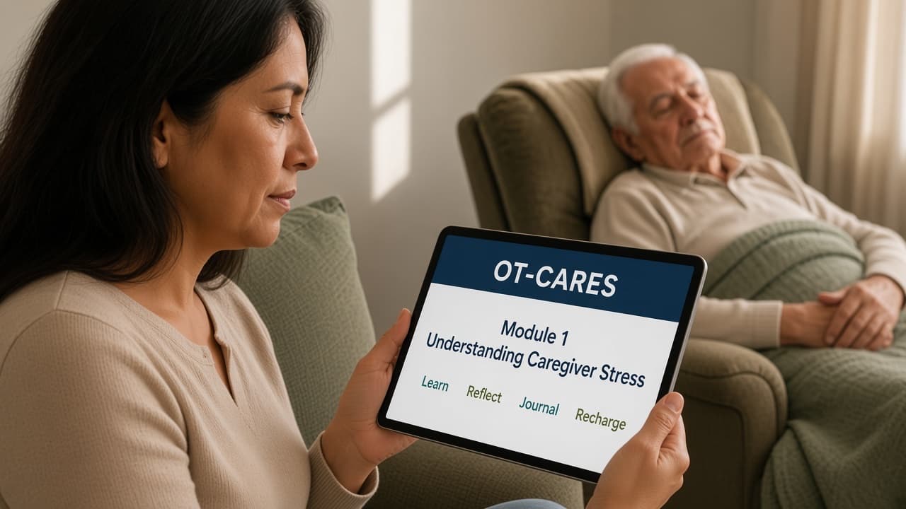 A family caregiver holds a tablet open to OT-CARES Module 1 while the older adult she cares for rests in a recliner.